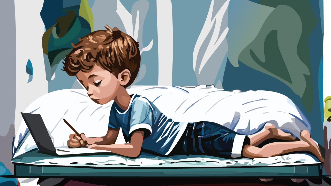 寝っ転がって勉強する少年 Adobe IllustratorのAI生成で作成